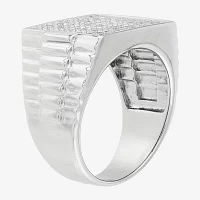 Mens White Cubic Zirconia Sterling Silver Square Fashion Ring