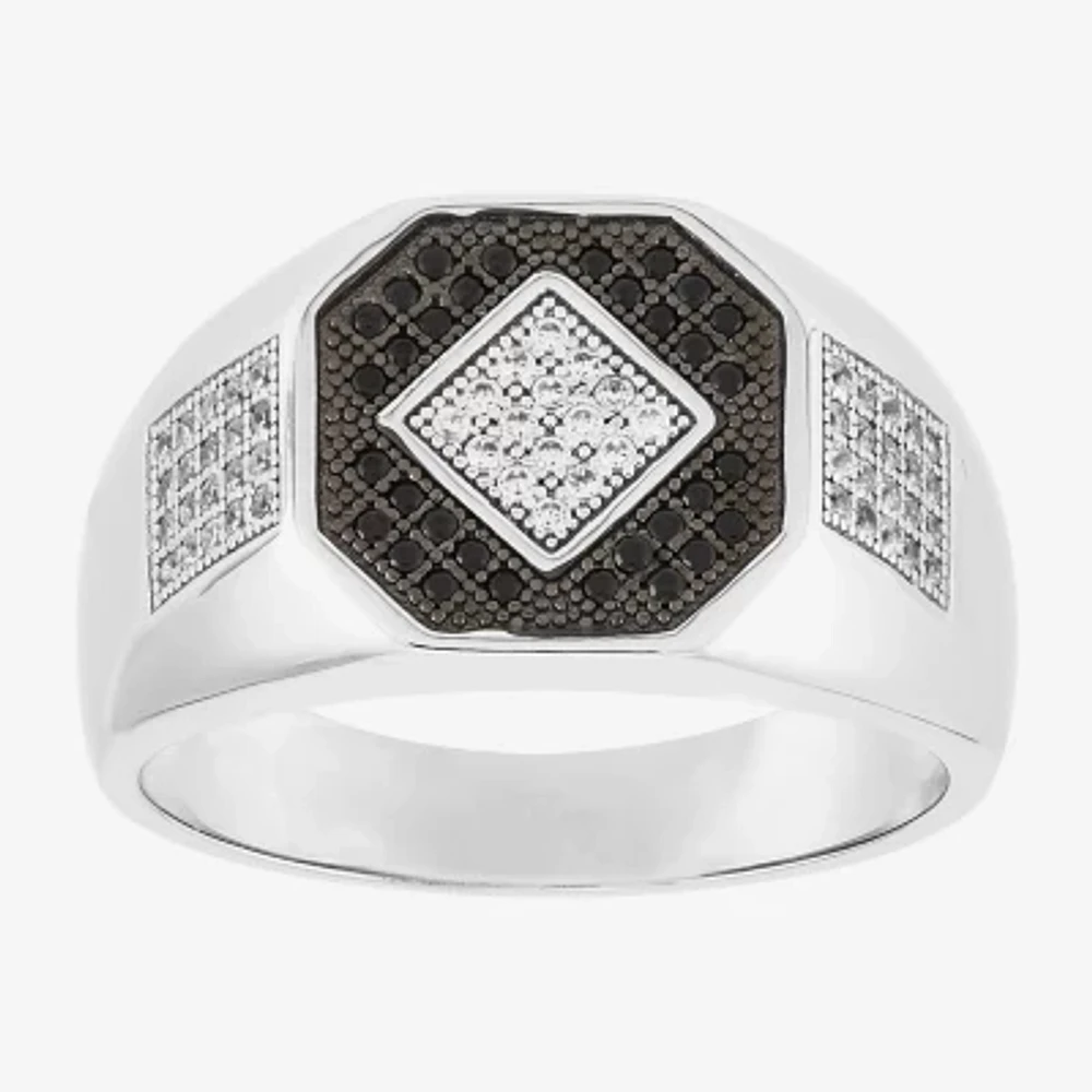 Mens Black Cubic Zirconia Sterling Silver Diamond Fashion Ring