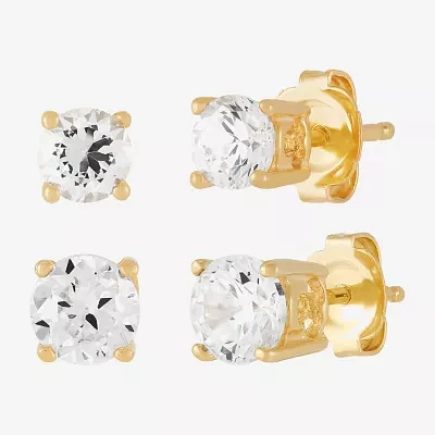 White Cubic Zirconia 18K Gold Over Silver Round 2 Pair Earring Set