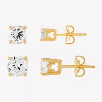 White Cubic Zirconia 18K Gold Over Silver Round 2 Pair Earring Set