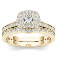 Womens / CT. T.W. Natural White Diamond 10K Gold Cushion Side Stone Halo Bridal Set