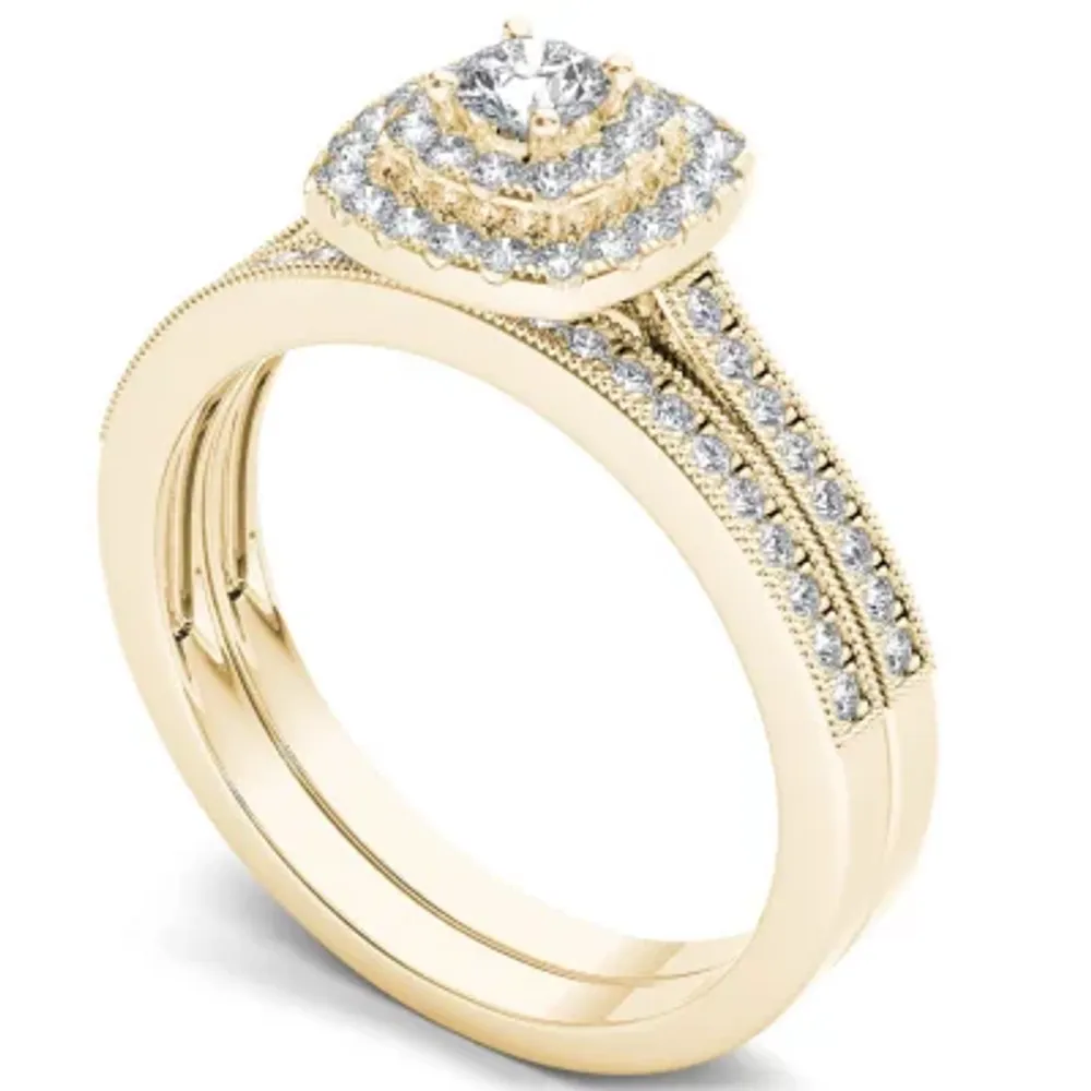 Womens / CT. T.W. Natural White Diamond 10K Gold Cushion Side Stone Halo Bridal Set