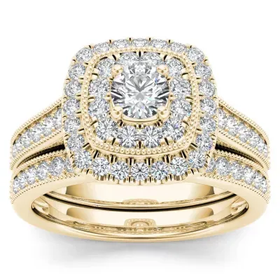 Womens 3/4 CT. T.W. Natural White Diamond 14K Gold Cushion Side Stone Halo Bridal Set