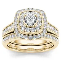 Womens 3/4 CT. T.W. Natural White Diamond 14K Gold Cushion Side Stone Halo Bridal Set