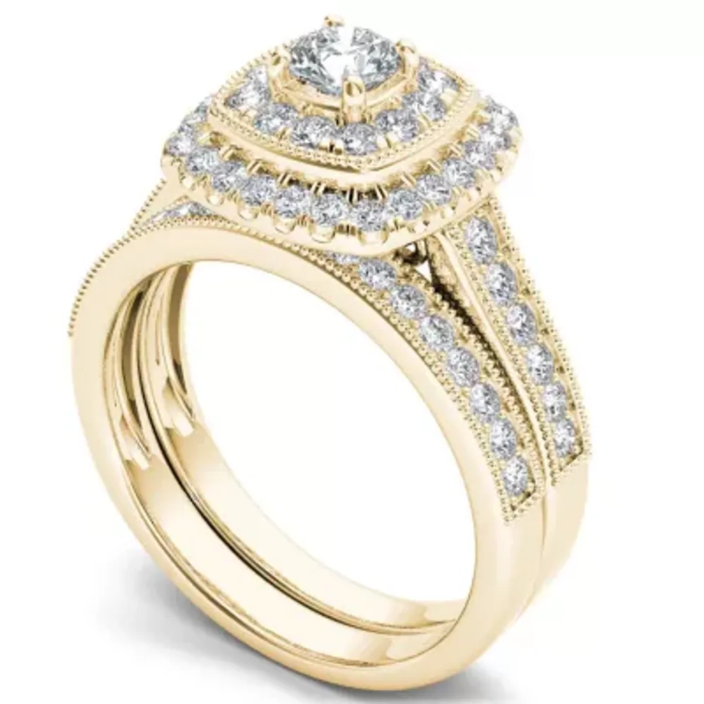 Womens 3/4 CT. T.W. Natural White Diamond 14K Gold Cushion Side Stone Halo Bridal Set