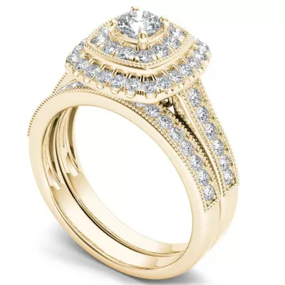 Womens 3/4 CT. T.W. Mined White Diamond 14K Gold Cushion Side Stone Halo Bridal Set