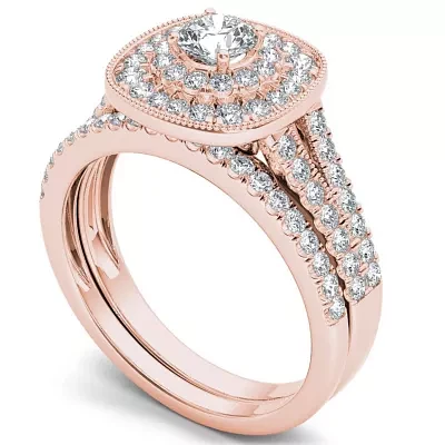 Womens 3/4 CT. T.W. Natural White Diamond 14K Gold Cushion Side Stone Halo Bridal Set