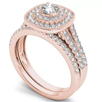 Womens 3/4 CT. T.W. Natural White Diamond 14K Gold Cushion Side Stone Halo Bridal Set