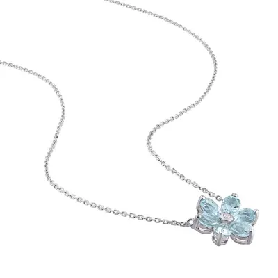 Womens Diamond Accent Genuine Blue Aquamarine 14K White Gold Flower Pendant Necklace