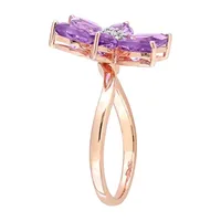 Womens Diamond Accent Genuine Purple Amethyst 10K Rose Gold Flower Cocktail Ring