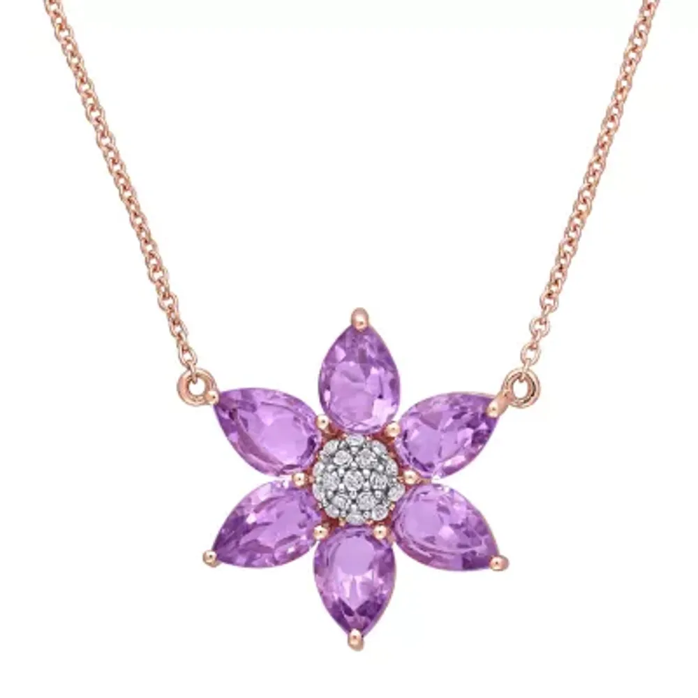 Womens Diamond Accent Genuine Purple Amethyst 10K Rose Gold Flower Pendant Necklaces
