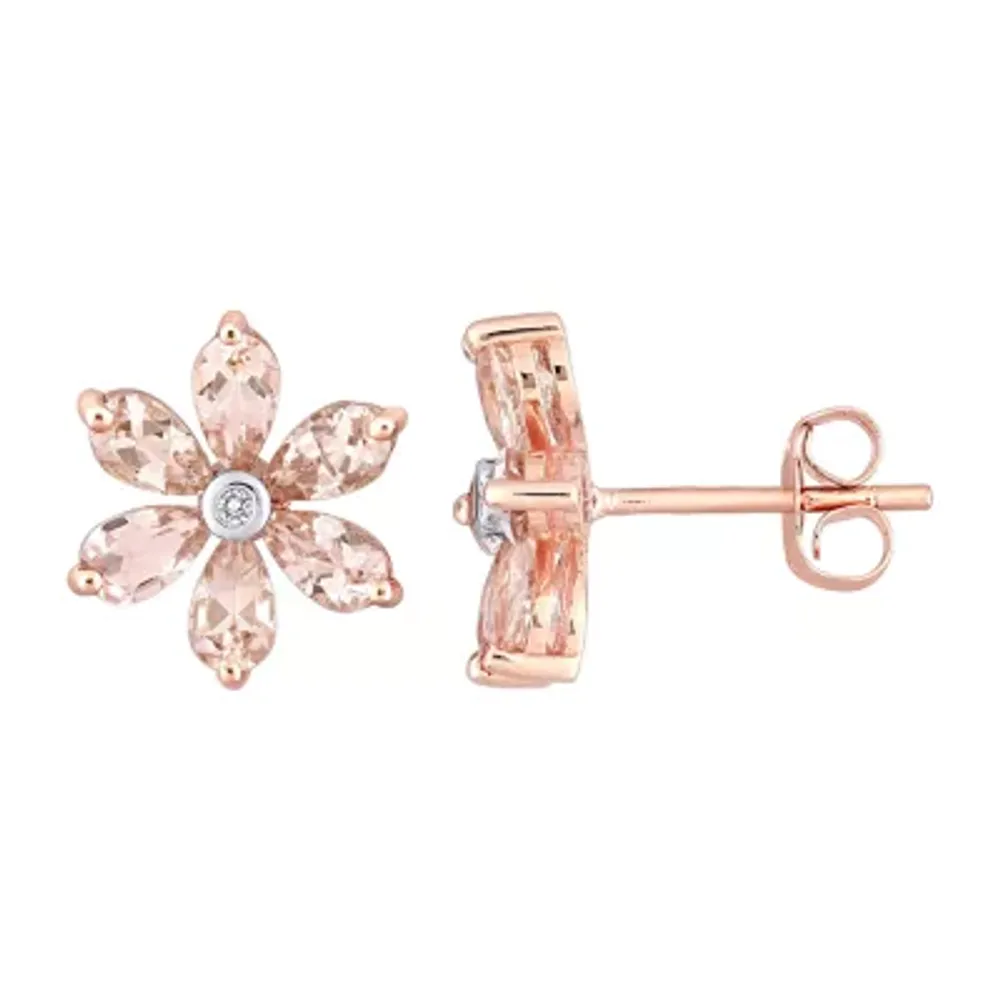 Diamond Accent Genuine Pink Morganite 10K Rose Gold 12.9mm Flower Stud Earrings