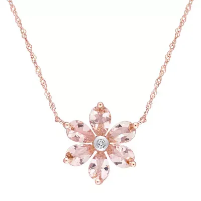 Womens Diamond Accent Genuine Pink Morganite 10K Rose Gold Flower Pendant Necklaces