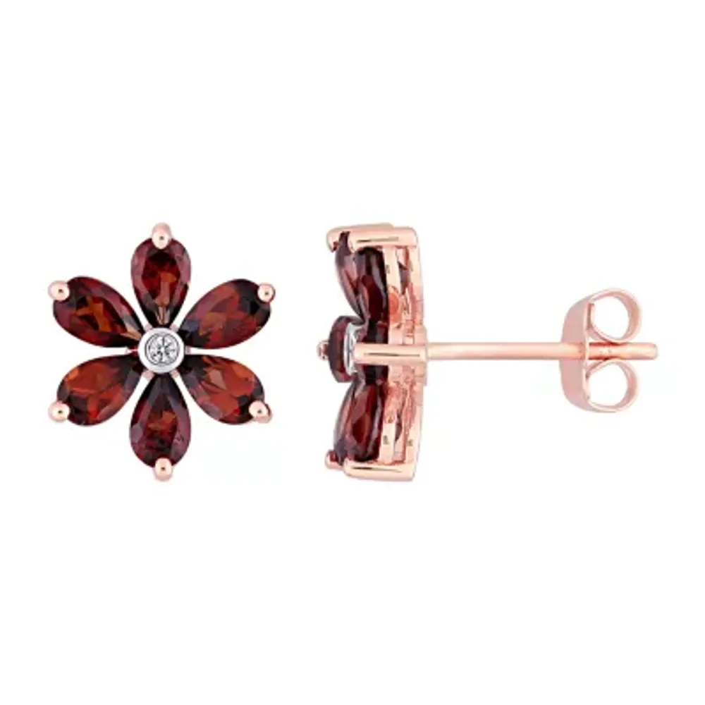 Diamond Accent Genuine Red Garnet 10K Rose Gold 13mm Flower Stud Earrings