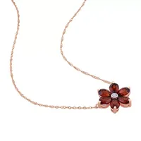 Womens Diamond Accent Genuine Red Garnet 10K Rose Gold Flower Pendant Necklace