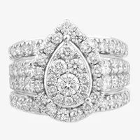 (G-H / Si2) Womens 3 CT. T.W. Lab Grown White Diamond 10K White Gold Pear Side Stone Halo Bridal Set