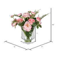 Vickerman 16" Dark Pink Rose In Glass Pot Artificial Flowers