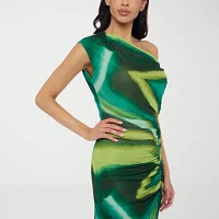 Premier Amour Womens One Shoulder Short Sleeve Midi Sheath Dress
