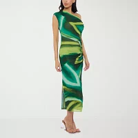 Premier Amour Womens One Shoulder Short Sleeve Midi Sheath Dress