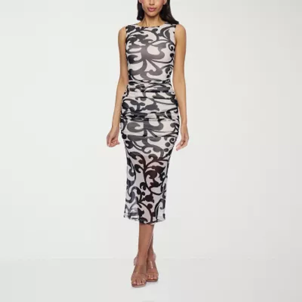 Premier Amour Womens Sleeveless Damask Midi Sheath Dress