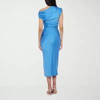 Premier Amour Womens One Shoulder Short Sleeve Midi Sheath Dress