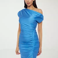Premier Amour Womens One Shoulder Short Sleeve Midi Sheath Dress