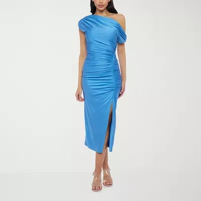 Premier Amour Womens One Shoulder Short Sleeve Midi Sheath Dress