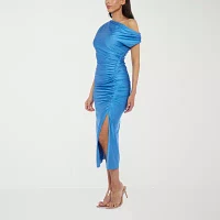 Premier Amour Womens One Shoulder Short Sleeve Midi Sheath Dress