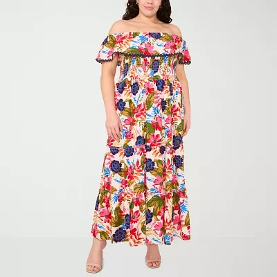 Sam And Jess Womens Off The Shoulder Short Sleeve Floral Maxi Dress Plus