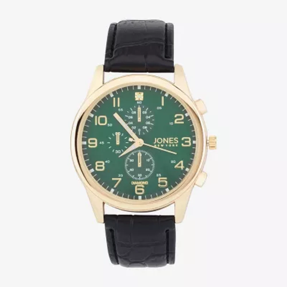Jones N.Y. Mens Chronograph Black Leather Strap Watch 50594g-42-X02