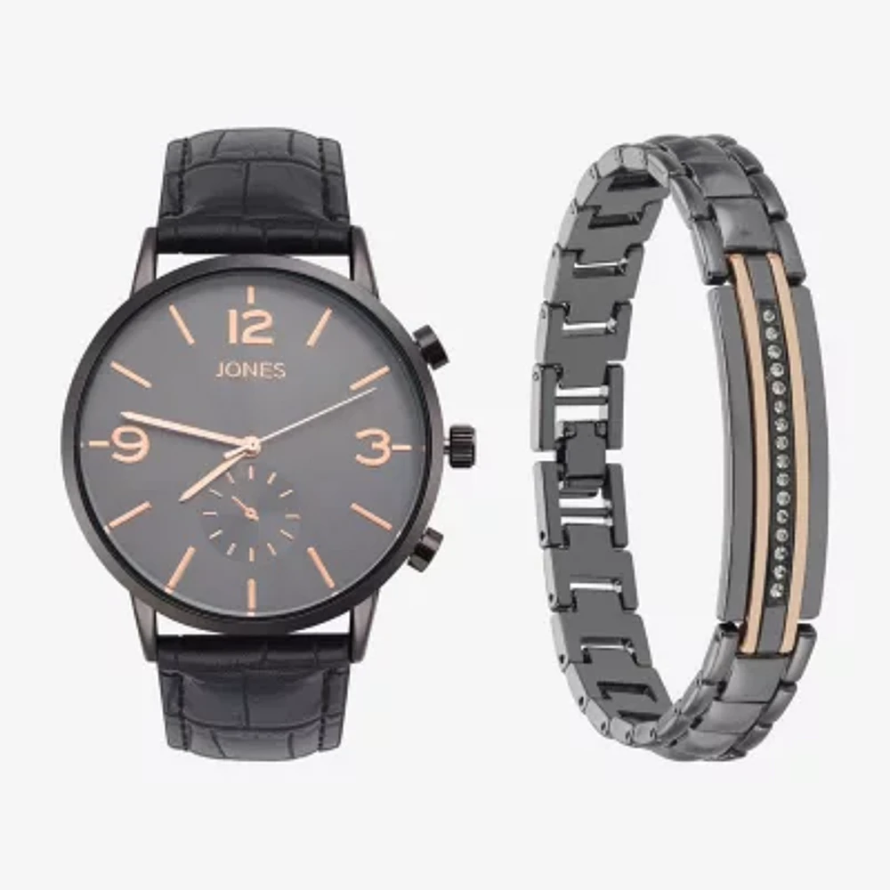 Jones N.Y. Mens Chronograph Black Leather Strap Watch 9927b-42-C02