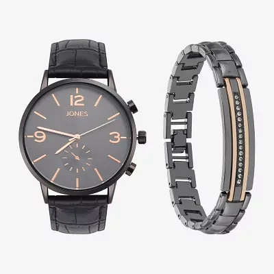 Jones N.Y. Mens Chronograph Black Leather Strap Watch 9927b-42-C02