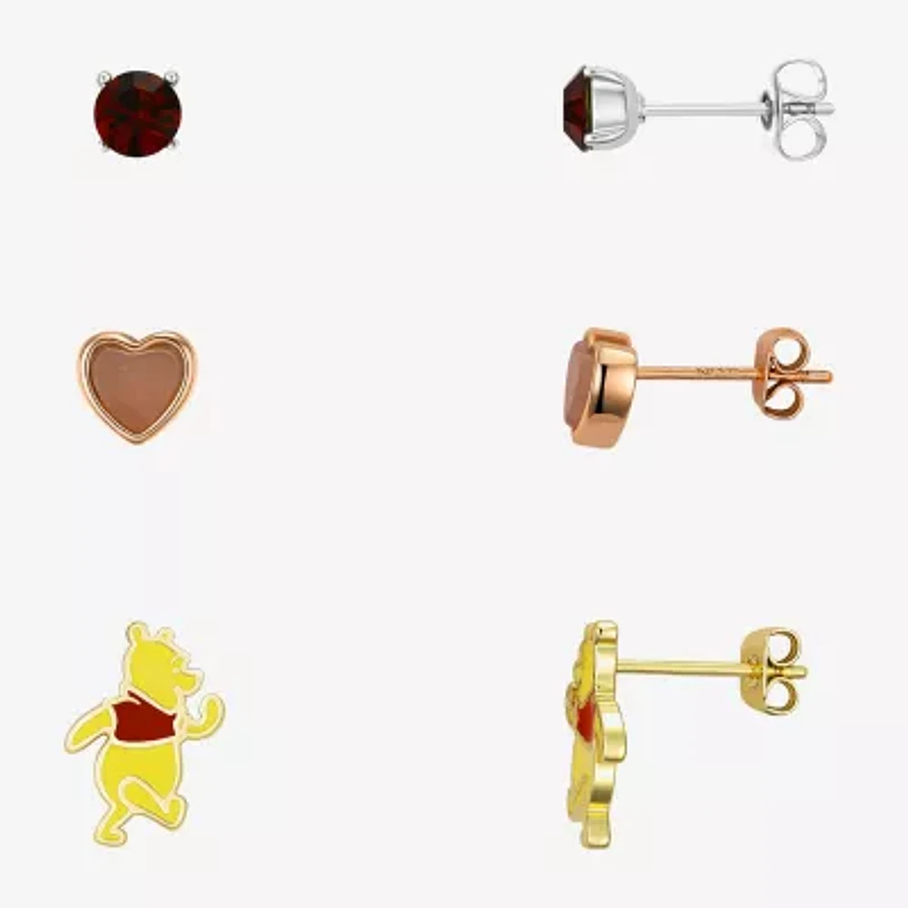 Disney Classics Red Crystal 10K Tri-Color Gold Over Brass Pure Silver Over Brass Heart Winnie The Pooh 3 Pair Earring Set