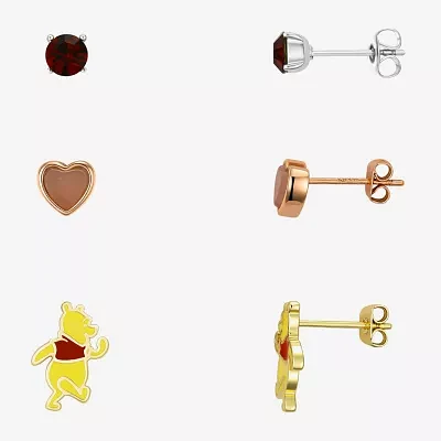 Disney Classics Red Crystal 10K Tri-Color Gold Over Brass Pure Silver Over Brass Heart Winnie The Pooh 3 Pair Earring Set