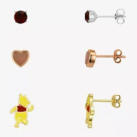 Disney Classics Red Crystal 10K Tri-Color Gold Over Brass Pure Silver Over Brass Heart Winnie The Pooh 3 Pair Earring Set