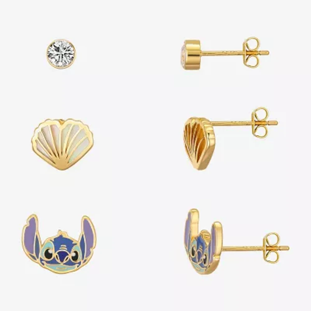 Disney Classics Seashell Cubic Zirconia Gold Tone 10K Gold Over Brass Lilo & Stitch 3 Pair Earring Set