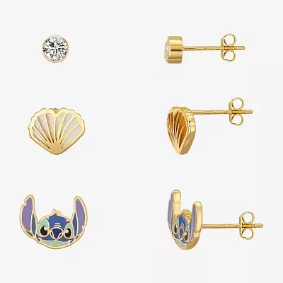 Disney Classics Seashell Cubic Zirconia Gold Tone 10K Gold Over Brass Lilo & Stitch 3 Pair Earring Set