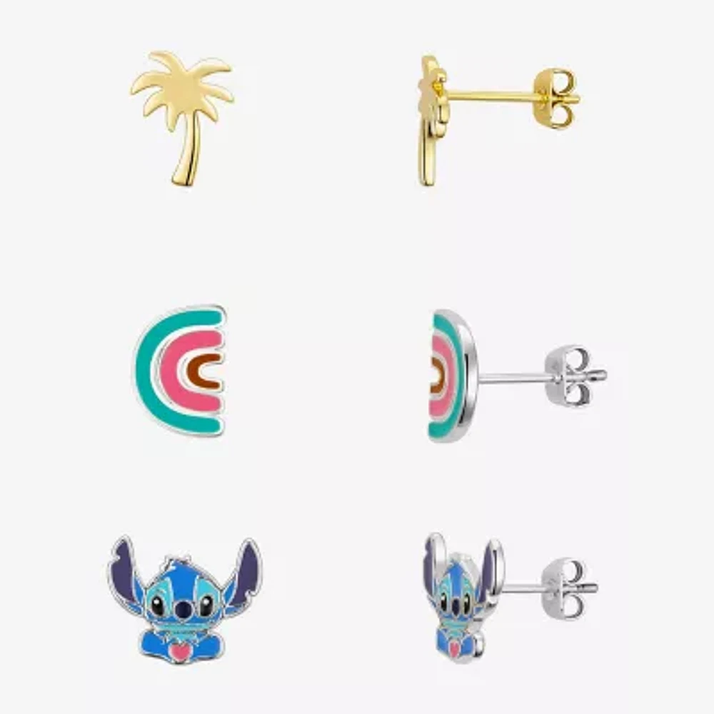 Disney Classics Palm Tree And Rainbow 10K Gold Over Brass Pure Silver Over Brass Lilo & Stitch 3 Pair Earring Set