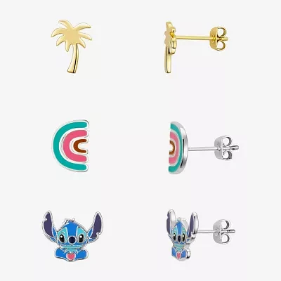 Disney Classics Palm Tree And Rainbow 10K Gold Over Brass Pure Silver Over Brass Lilo & Stitch 3 Pair Earring Set