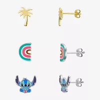 Disney Classics Palm Tree And Rainbow 10K Gold Over Brass Pure Silver Over Brass Lilo & Stitch 3 Pair Earring Set