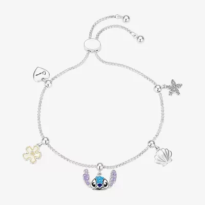 Disney Classics Multi Color Cubic Zirconia Silver Tone Pure Silver Over Brass Flower Heart Lilo & Stitch Charm Bracelet
