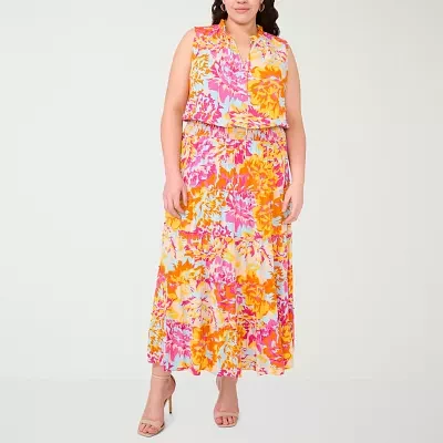 MSK Womens Sleeveless Floral Maxi Dress Plus