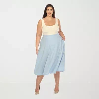 White Mark Womens Stretch Fabric Midi Flared Skirt-Plus