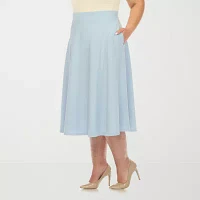 White Mark Womens Stretch Fabric Midi Flared Skirt-Plus