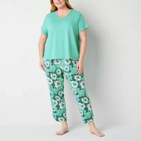 Liz Claiborne Womens Plus V-Neck Short Sleeve 2-pc. Pajama Sets