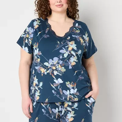 Ambrielle Womens Plus Short Sleeve V Neck Pajama Top