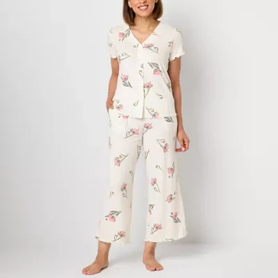 Liz Claiborne Womens Rib 2-pc. V-Neck Short Sleeve Capri Pajama Set