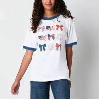 Juniors Usa Bows Boyfriend Ringer Womens Crew Neck Short Sleeve Graphic T-Shirt