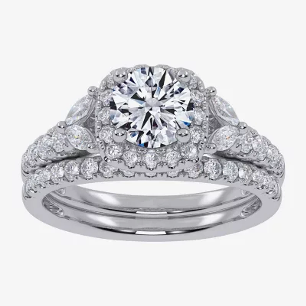 Signature By Modern Bride (G-H,Vs2-Si1) Womens 1 1/2 CT. T.W. Lab Grown White Diamond 14K Gold Round Side Stone Halo Engagement Ring