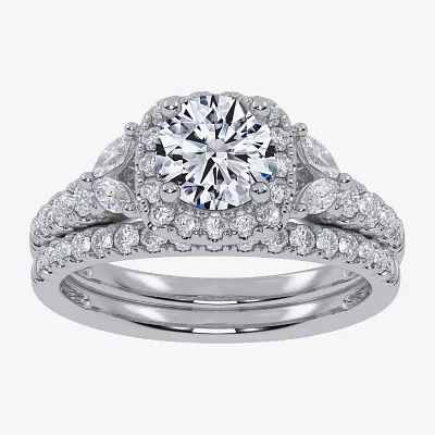 Signature By Modern Bride (G-H,Vs2-Si1) Womens 1 1/2 CT. T.W. Lab Grown White Diamond 14K Gold Round Side Stone Halo Engagement Ring